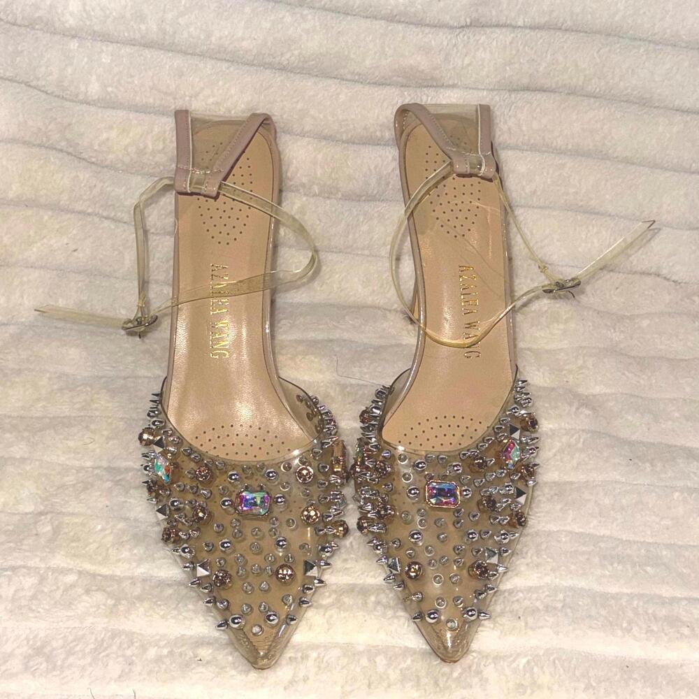 Azalea Wang Clear Studded Crystal Popstar‎ Stiletto Heels Nude 10 Pointy Toe